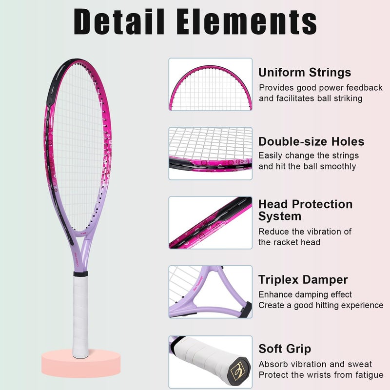 BOWEI 17"-25" Kids Tennis Racket for Aged 2-12 Lightweight Youth Tennis Racquet for Girls and Boys Outdoor/Indoor Sports with 1 Non-Slip Grip and 1 Shoulder Strap Bag Easy Carry - Image 4